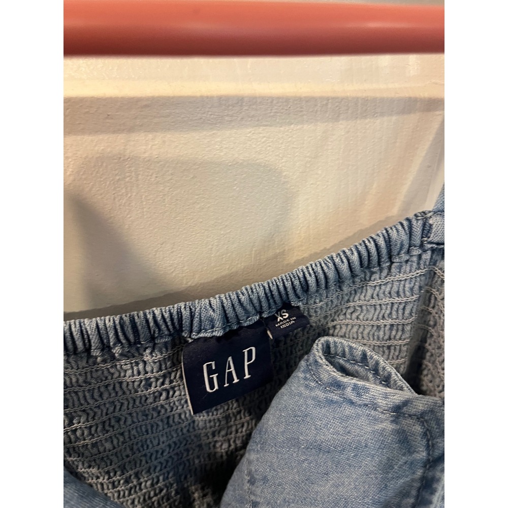 GAP Women Light Wash Denim Smocked Midi Dress Tie Shoulder Blue Cotton XS - Picture 3 of 6